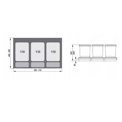 Kôš na odpadky PRAKTIKO do zásuvky šírky 80cm, 3x15 l, sivý / Rejs