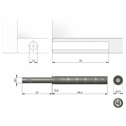 K-PUSH TECH systém na dvierka vložený silný 37 mm s magnetom, biely